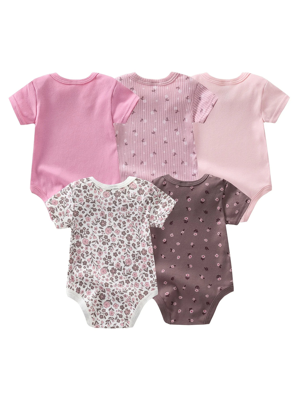 5pcs Set Baby Girl Short Sleeve Spring Summer Triangle 1pc Jumpsuit, Cotton Floral Print Romper, Infant Girl Cute Style Crawling Clothes, Newborn Clothing, Baby Girl Clothing, Infant Apparel, Perfect for Outdoor