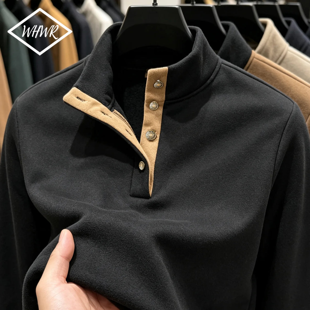 Men Henley Collar Pullover Sweatshirt Stand Collar Top Button Placket Elbow Patches Long Sleeve Casual Sweater Daily Wear Top