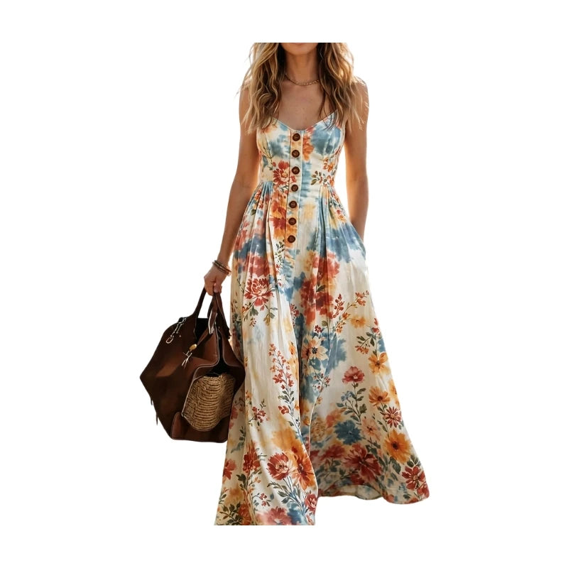 Women V Neck Spaghetti Strap Floral Print Maxi Dress Button Front A Line Flowy Dress For Casual Holiday Occasion