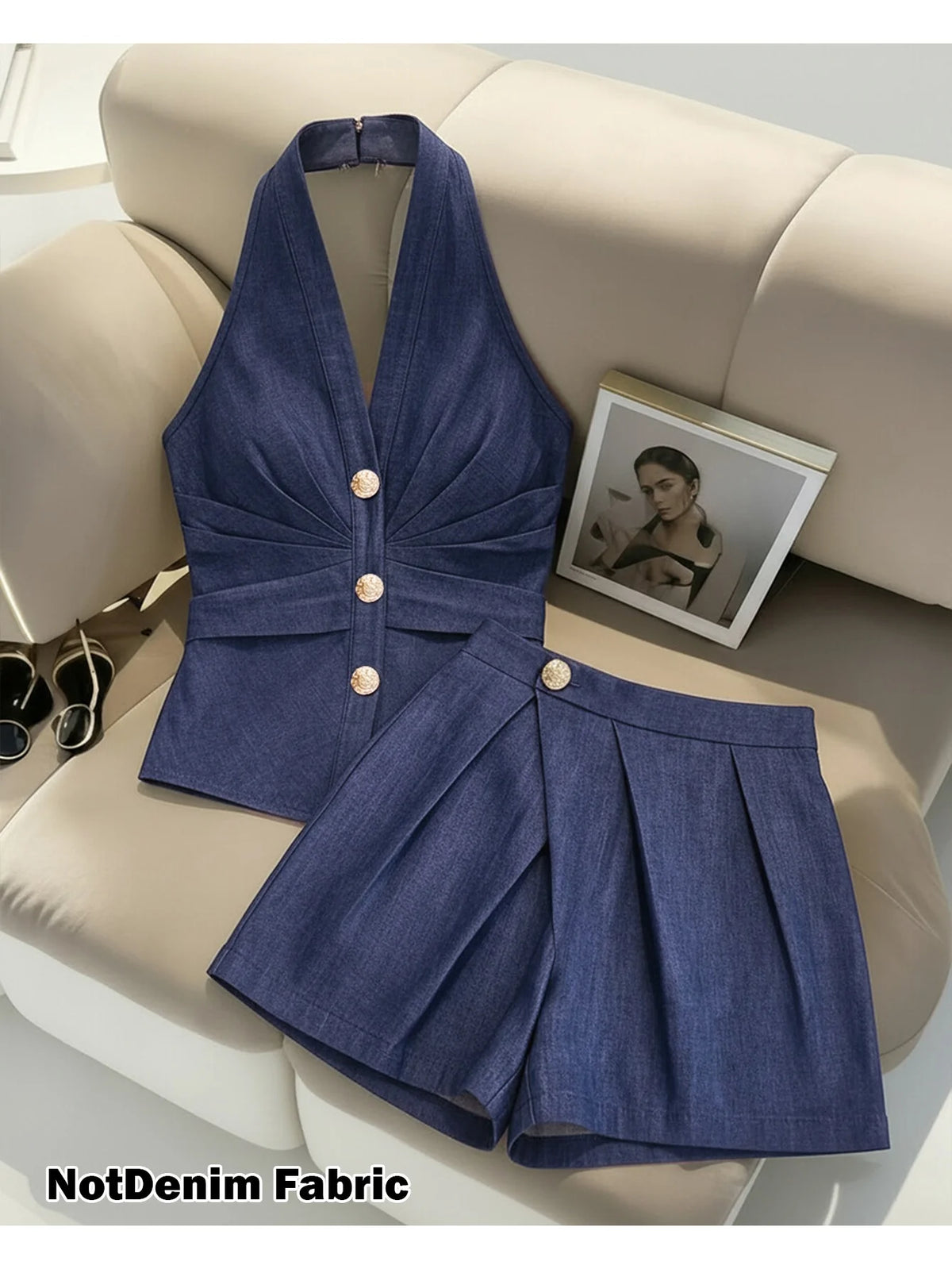 Women's Halter V Neck Sleeveless Two‑Piece Suit Button Detail Pleated Fitted Top Wrap Front Pleated Short Skort Ladies Set