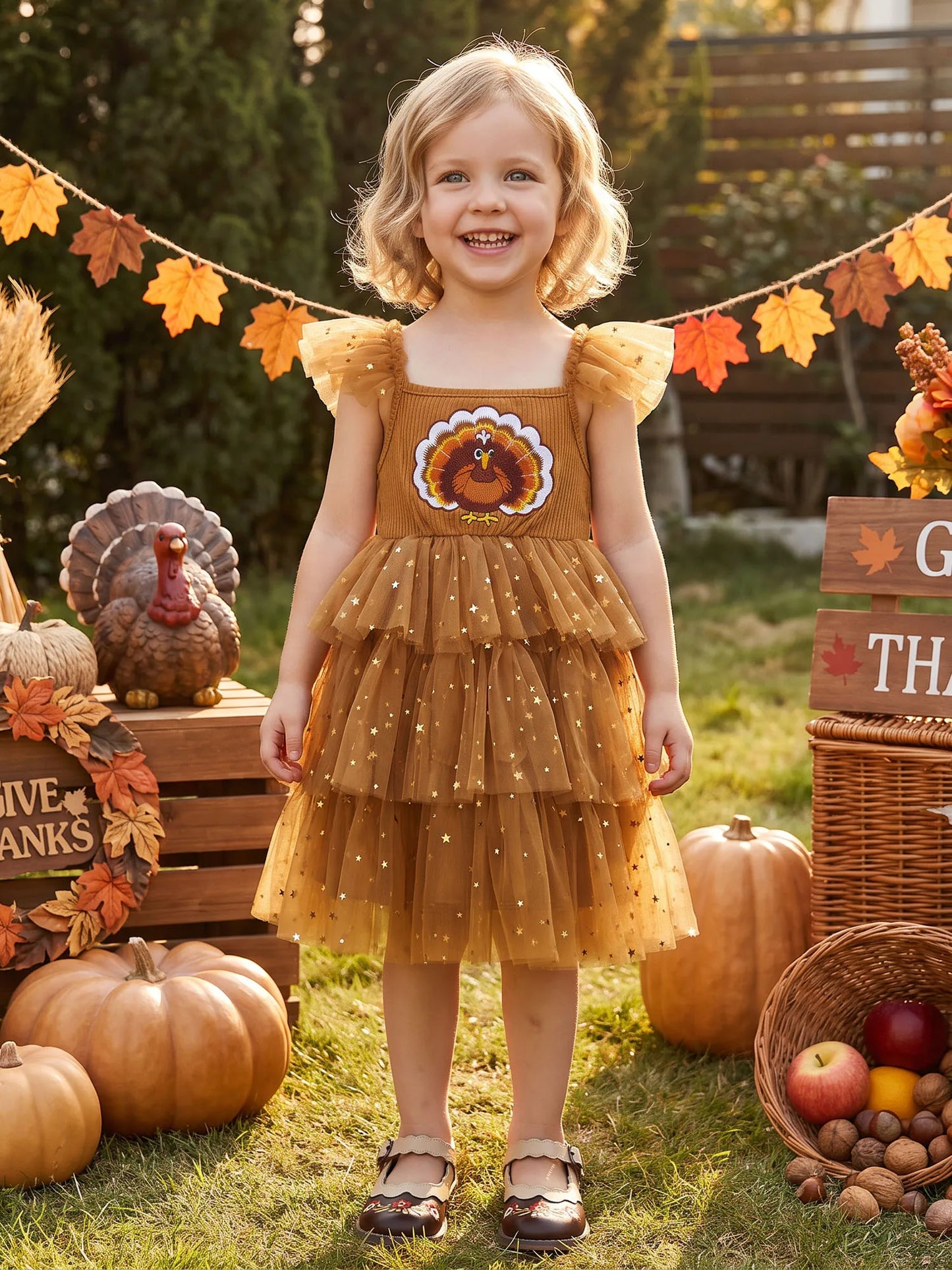 Girls Thanksgiving Turkey Embroidery Star Tulle Midi Dress
