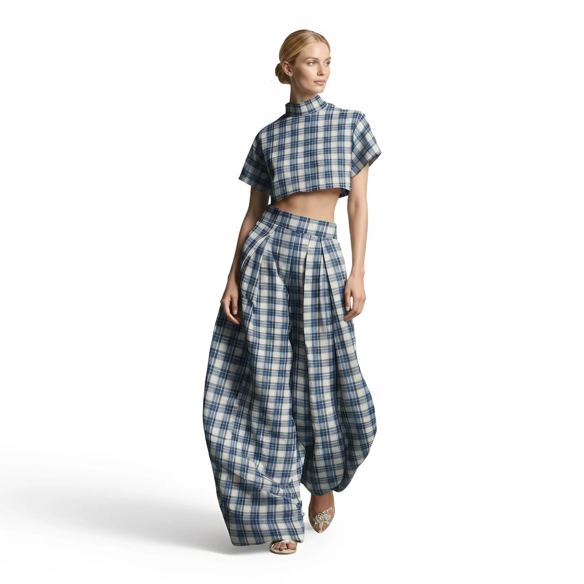Women's Mock Neck Short Sleeve Two‑Piece Set Plaid Print Cropped Top Pleated Wide Leg High Waist Pants Ladies Suit