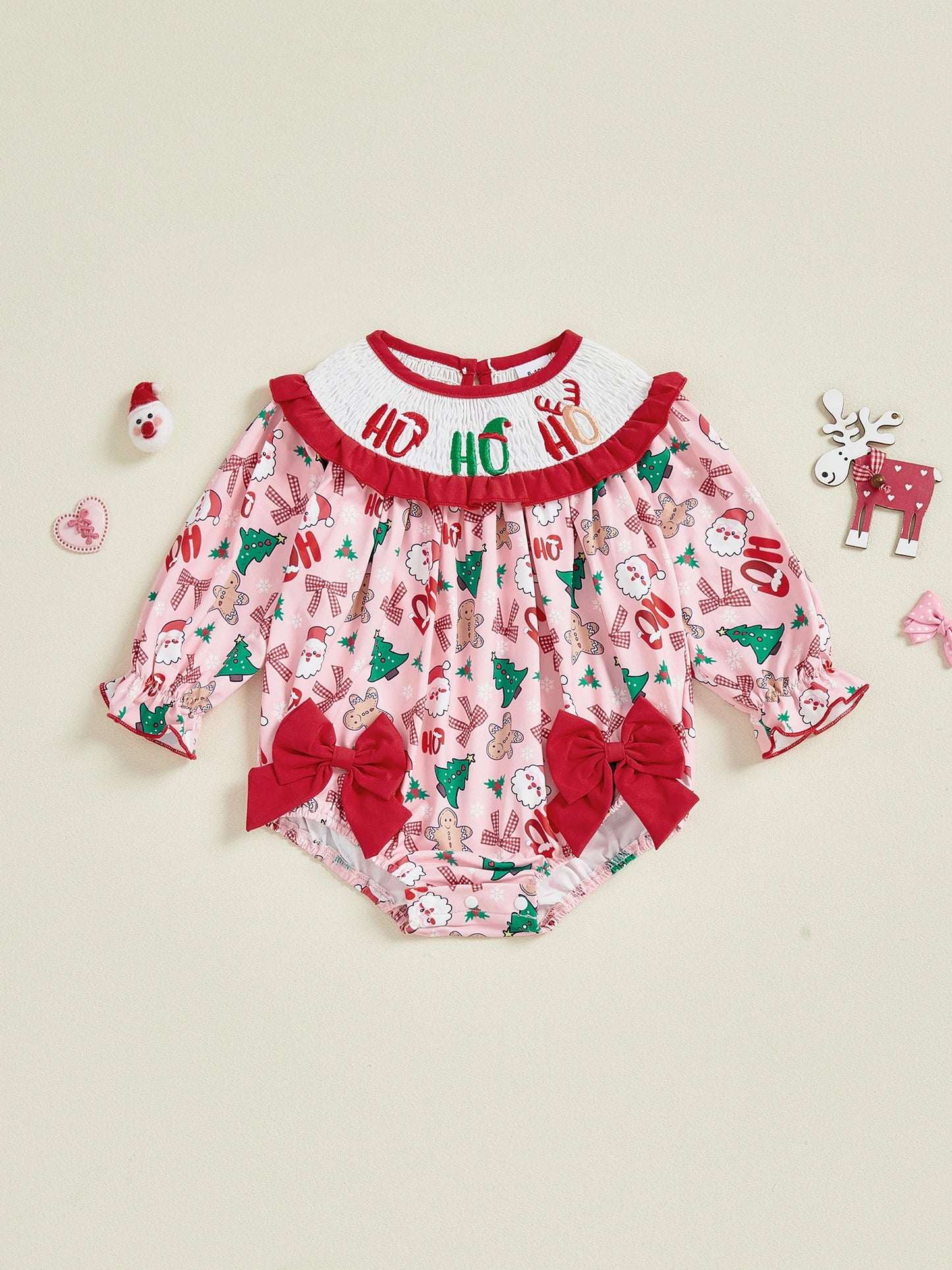 Baby Girl Bubble Romper With Christmas Tree Embroidery Long Sleeve