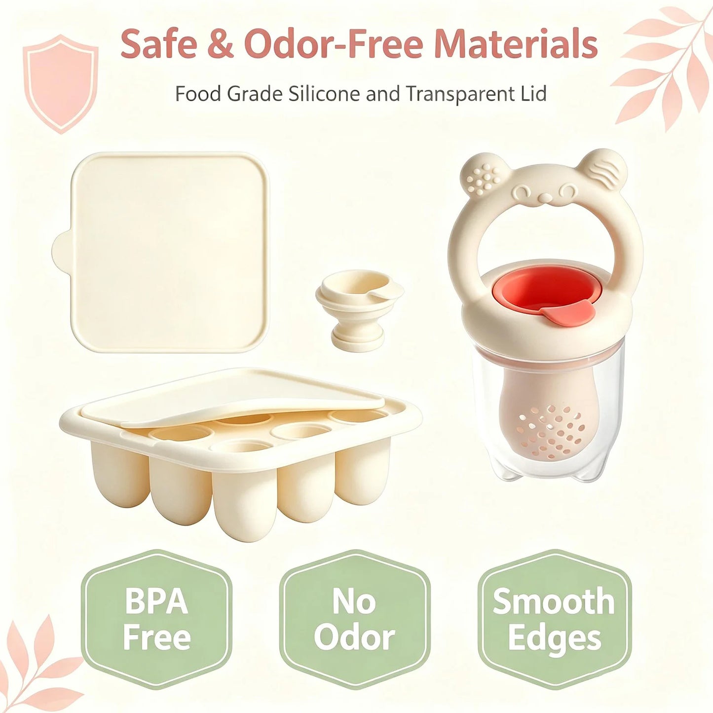 BPA Free Baby Fruit Feeder with Silicone Food Freezer Tray, Food Grade Teething Pacifier Self‑Feeding Set, 3 Colors Optional for Newborn Toddlers