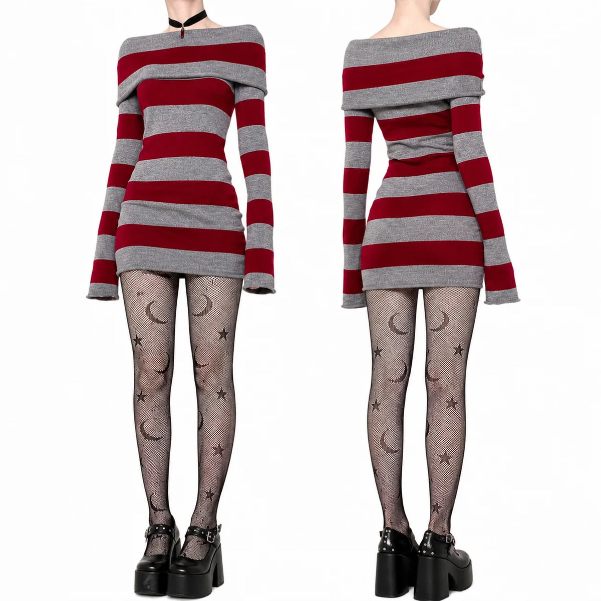 Women Gothic Y2K Off Shoulder Striped Knit Mini Dress, Long Sleeve Bodycon Sweater Dress, Punk Grunge Aesthetic Party Club Outfits