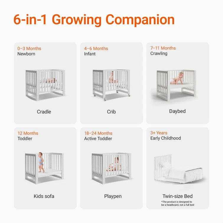 Six-In-One Portable Mini Crib With Mattress And Adjustable Height