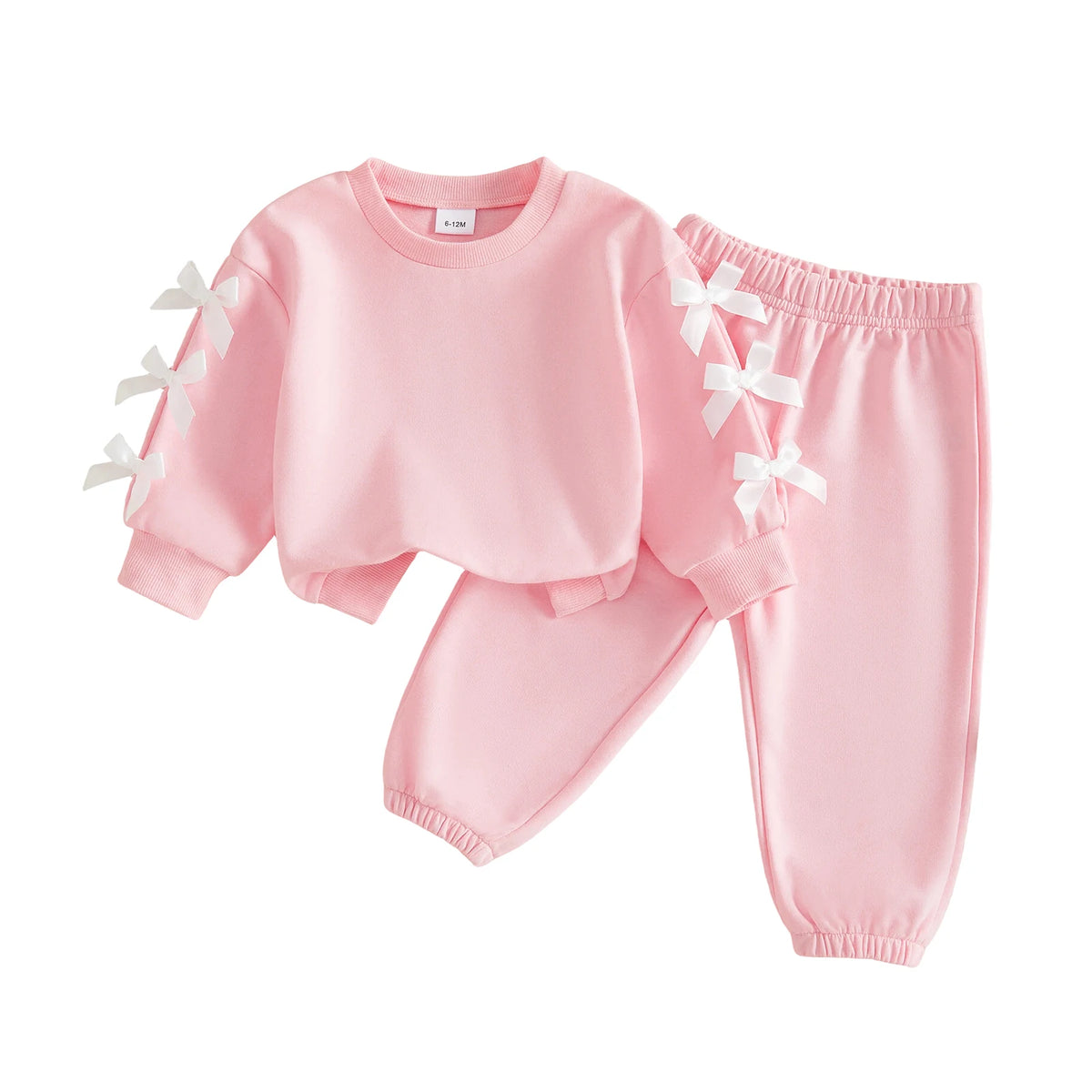 Girls Bow Accent Fall Outfit Set With Crew Neck Pullover