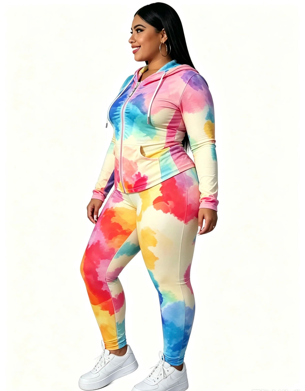 Plus size rainbow tie-dye cinched waist hooded zip-up jacket and skinny pants two-piece set; casual sports print set