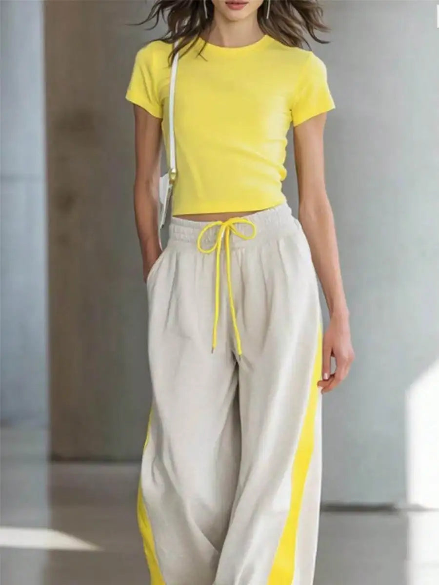 Women 2 Piece Sets Casual Outfit Solid Short Sleeves Crew Neck Crop T‑Shirt & Side Stripe Drawstring Wide Leg Sweatpants Set Sporty Matching Tracksuit
