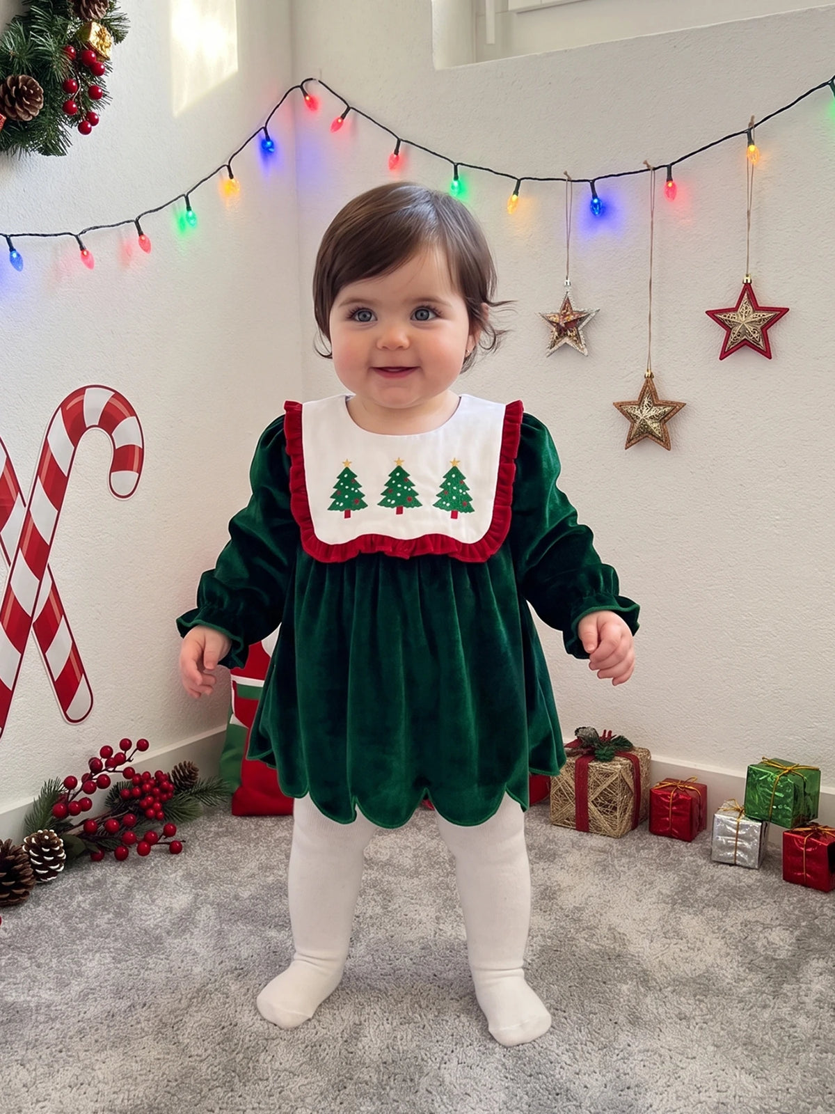 Baby Girl Christmas Long Sleeve V Neck Bodysuit Romper