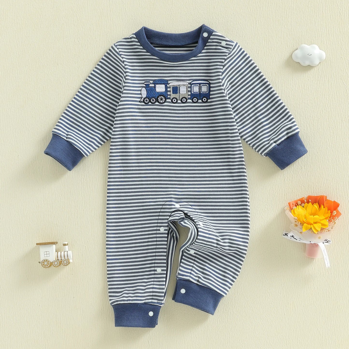 Toddler Striped Playsuit With Long Sleeves And Train Embroidery