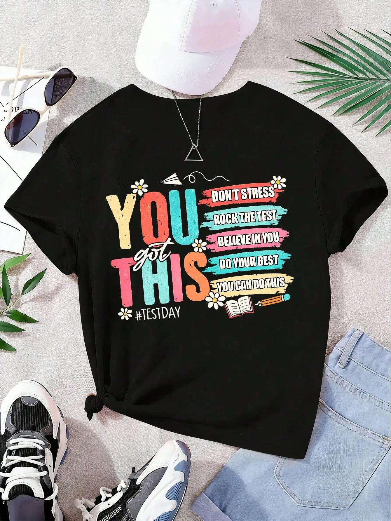 Girls & Teenagers Students Casual Printed Black Crew Neck Short Sleeve T-Shirt Top, Summer