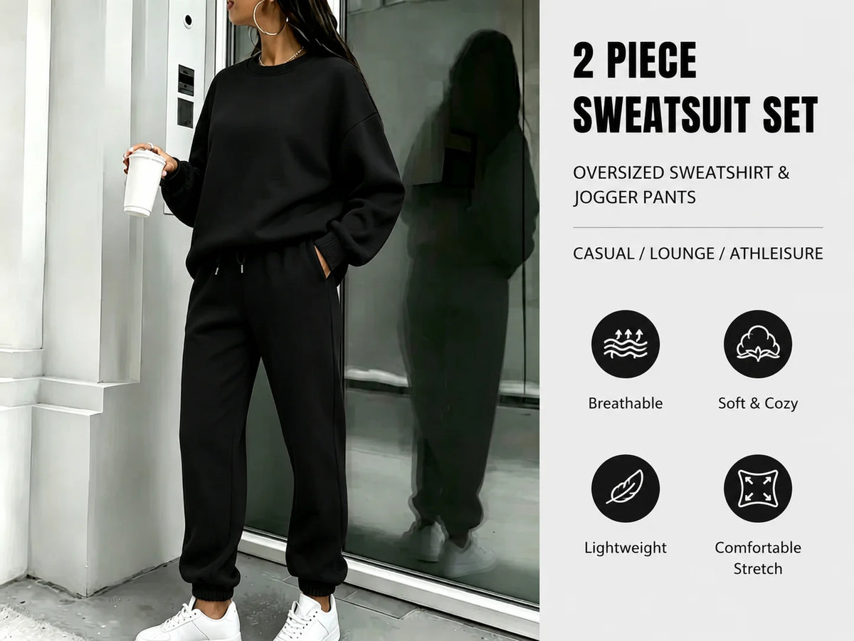 Women Solid 2 Piece Outfit, Oversized Crewneck Sweatshirt & Drawstring Jogger Pants Set, Casual Loose Tracksuit Loungewear for Daily Street WearAliExpress