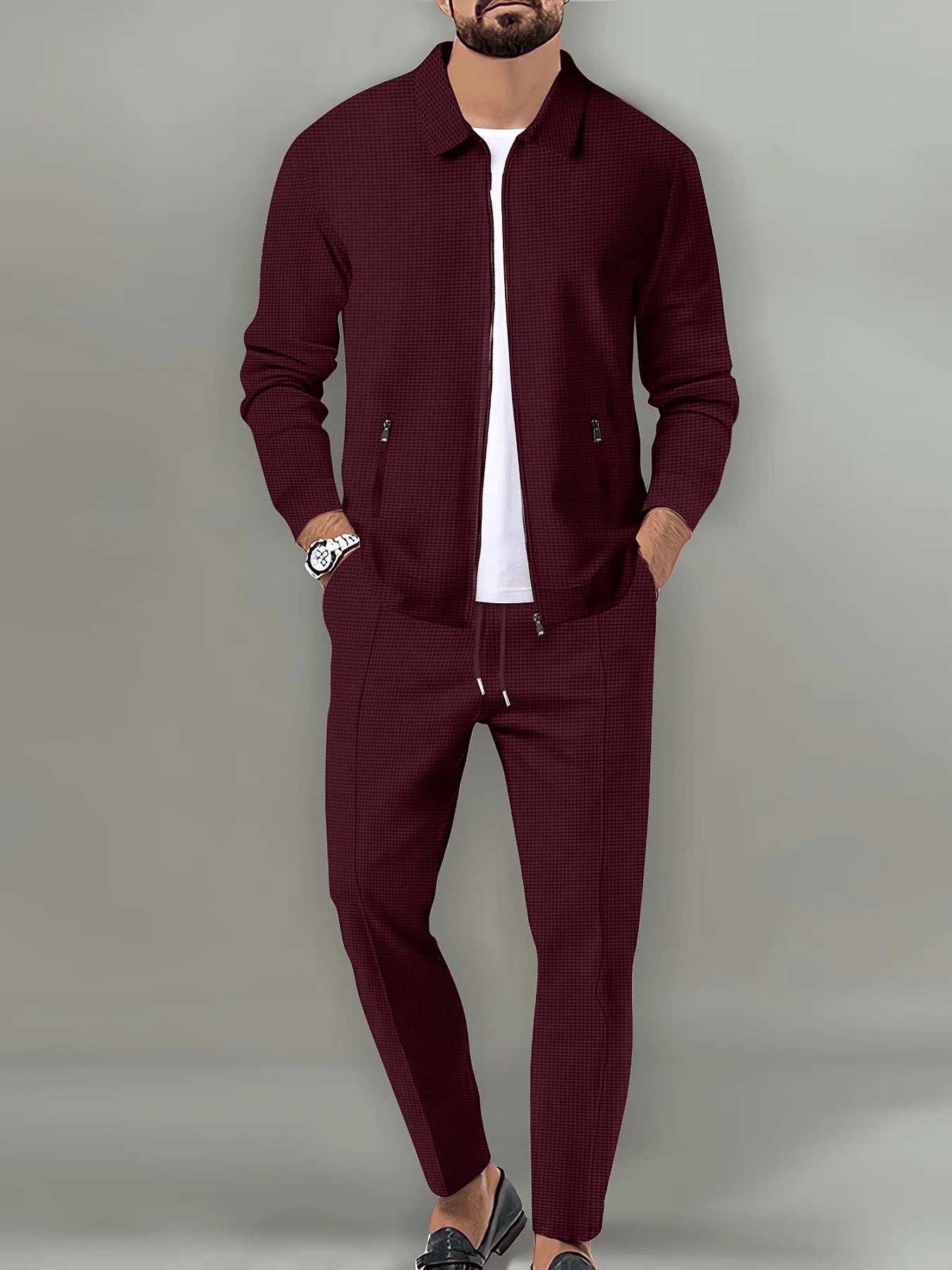 Mens Spring Autumn Casual Jacquard Zip-Up Jacket And Trousers Set