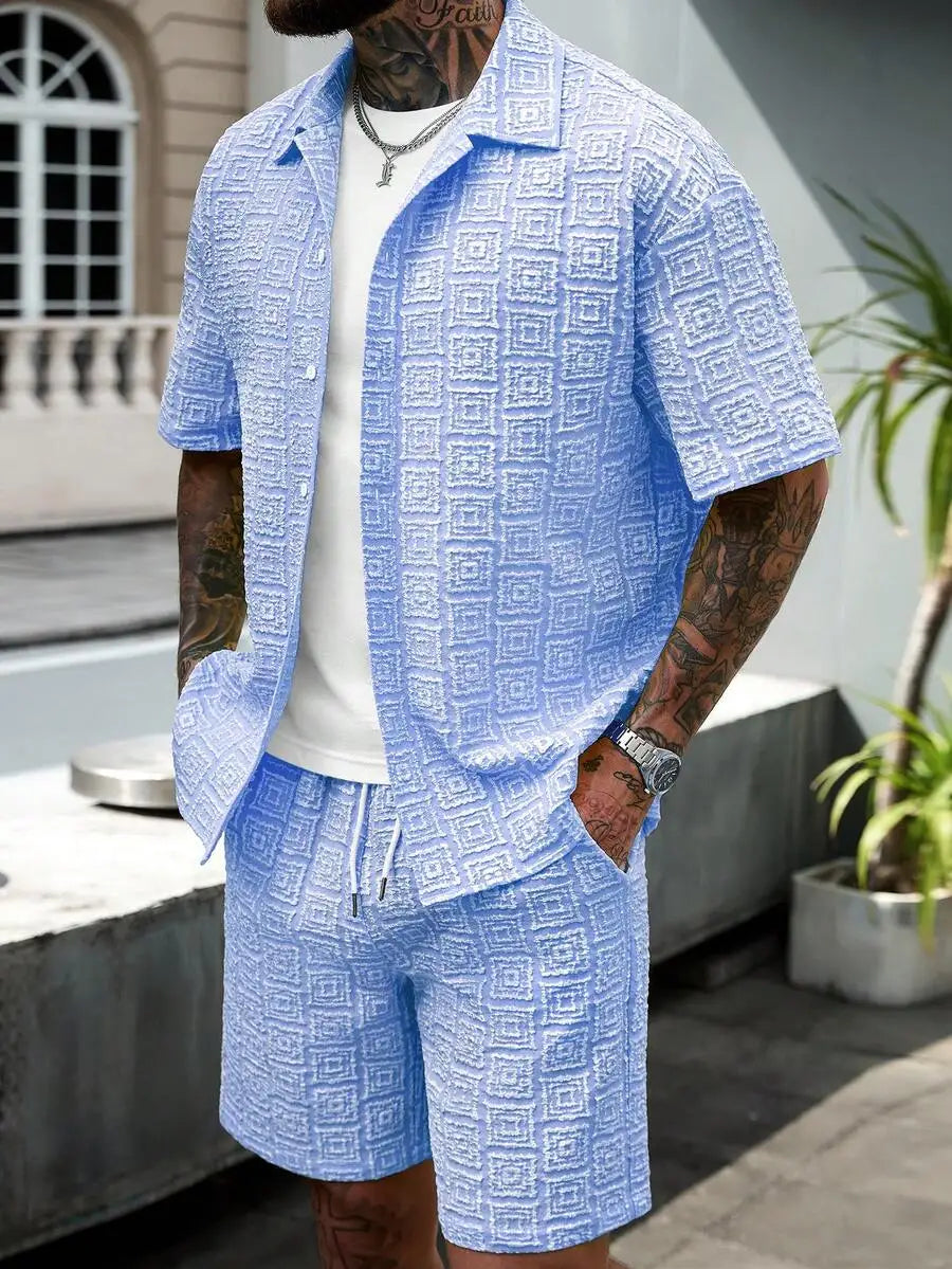 Manfinity CasualCool Men's Yellow Summer Casual Vacation Holiday Outfit,Textured Geometric Pattern Short Sleeve Button Up Shirt