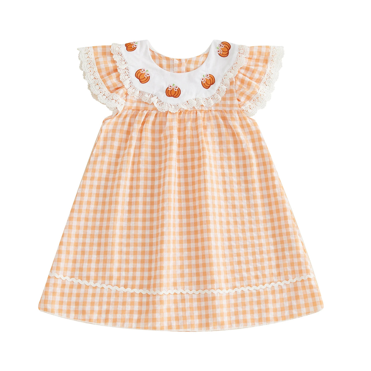 Girls Halloween Embroidered Pumpkin Plaid Dress With Flutter Sleeves