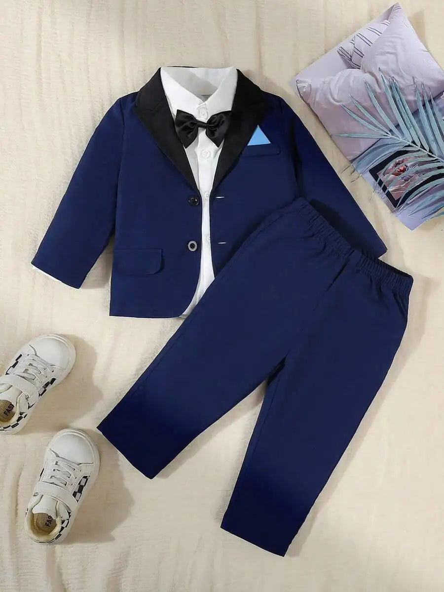 Toddler Formal Suit Set Shawl Lapel Jacket Bow Tie Elastic Waist Pants