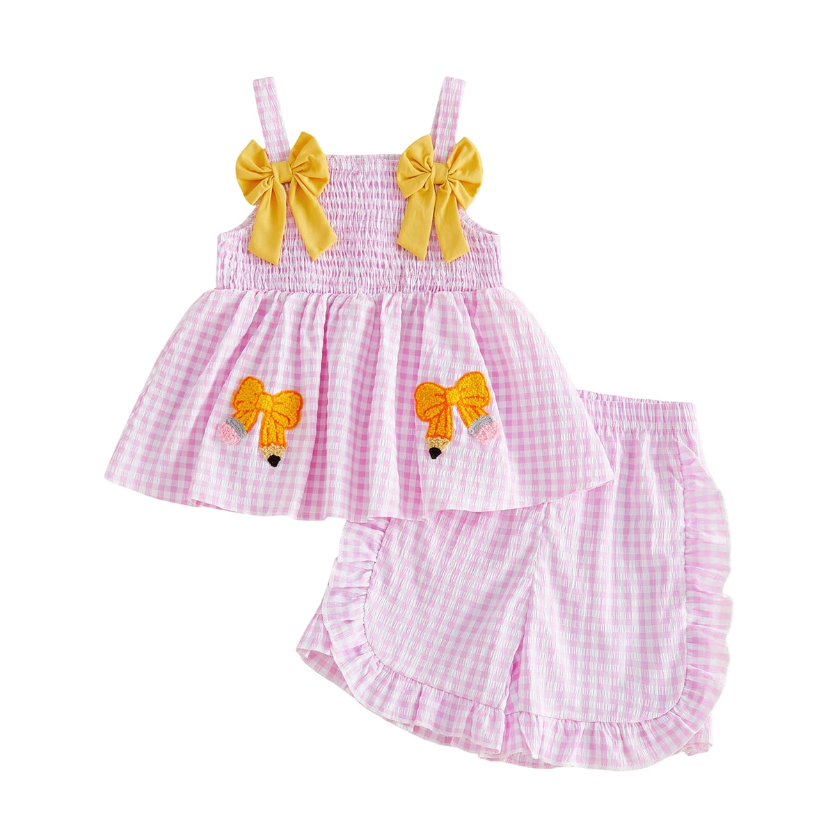 Cute Girl s Back to School Outfit Casual Bow Pencil Pattern Plaid Sleeveless Top with Ruffled Trim Shorts - 2 Piece Set