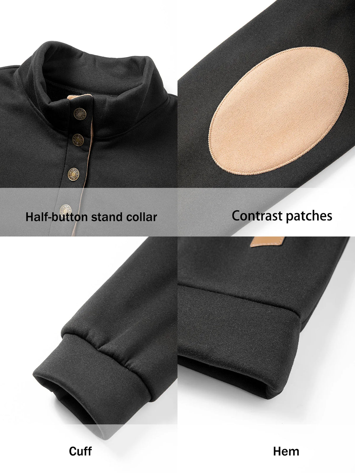 Men Henley Collar Pullover Sweatshirt Stand Collar Top Button Placket Elbow Patches Long Sleeve Casual Sweater Daily Wear Top