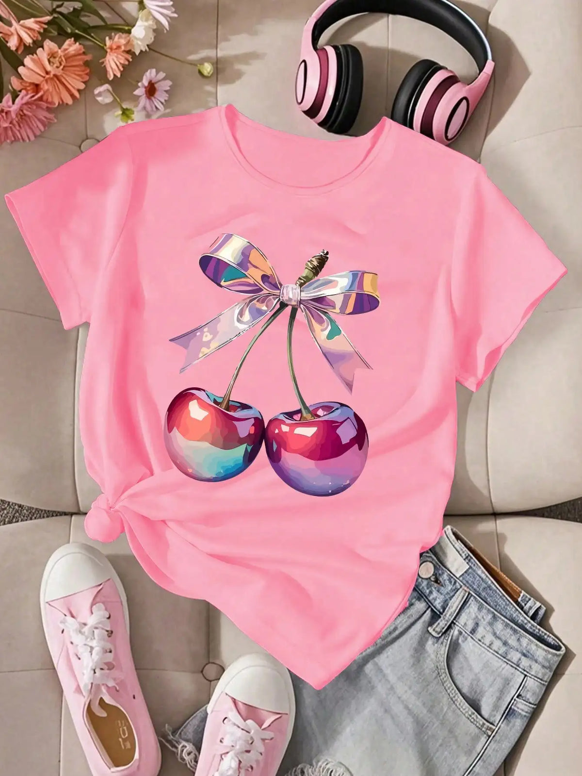 1 Pack Girls Casual Printed Crew Neck Short Sleeve T-Shirt Summer Student Youth Clothing