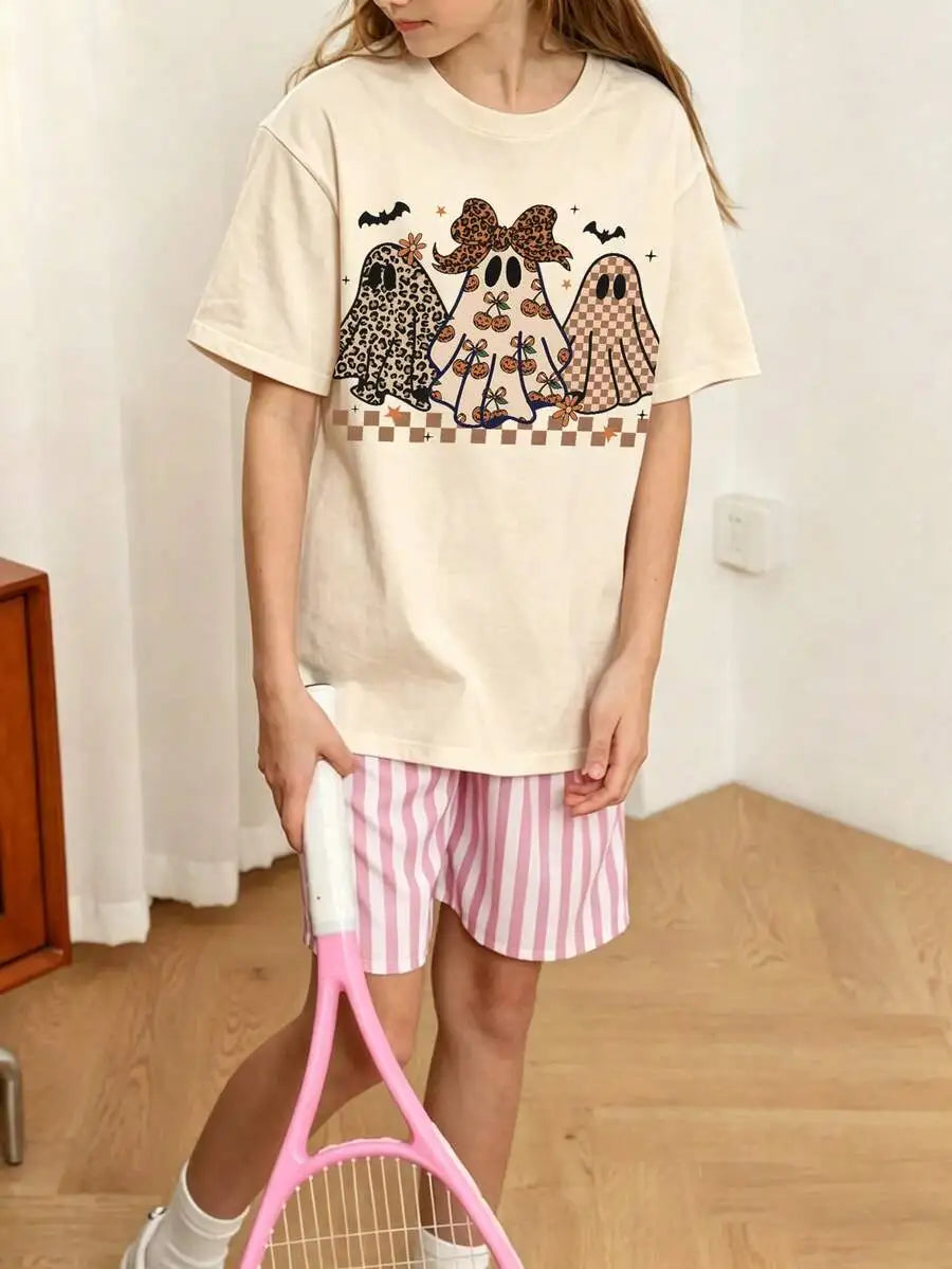 [Halloween]Tween Girl Cotten Clothes,Y2K-Inspired Letter Print T-Shir-Perfect For Spring/Summer/Fall,Fashion, Streetwear, Unisex