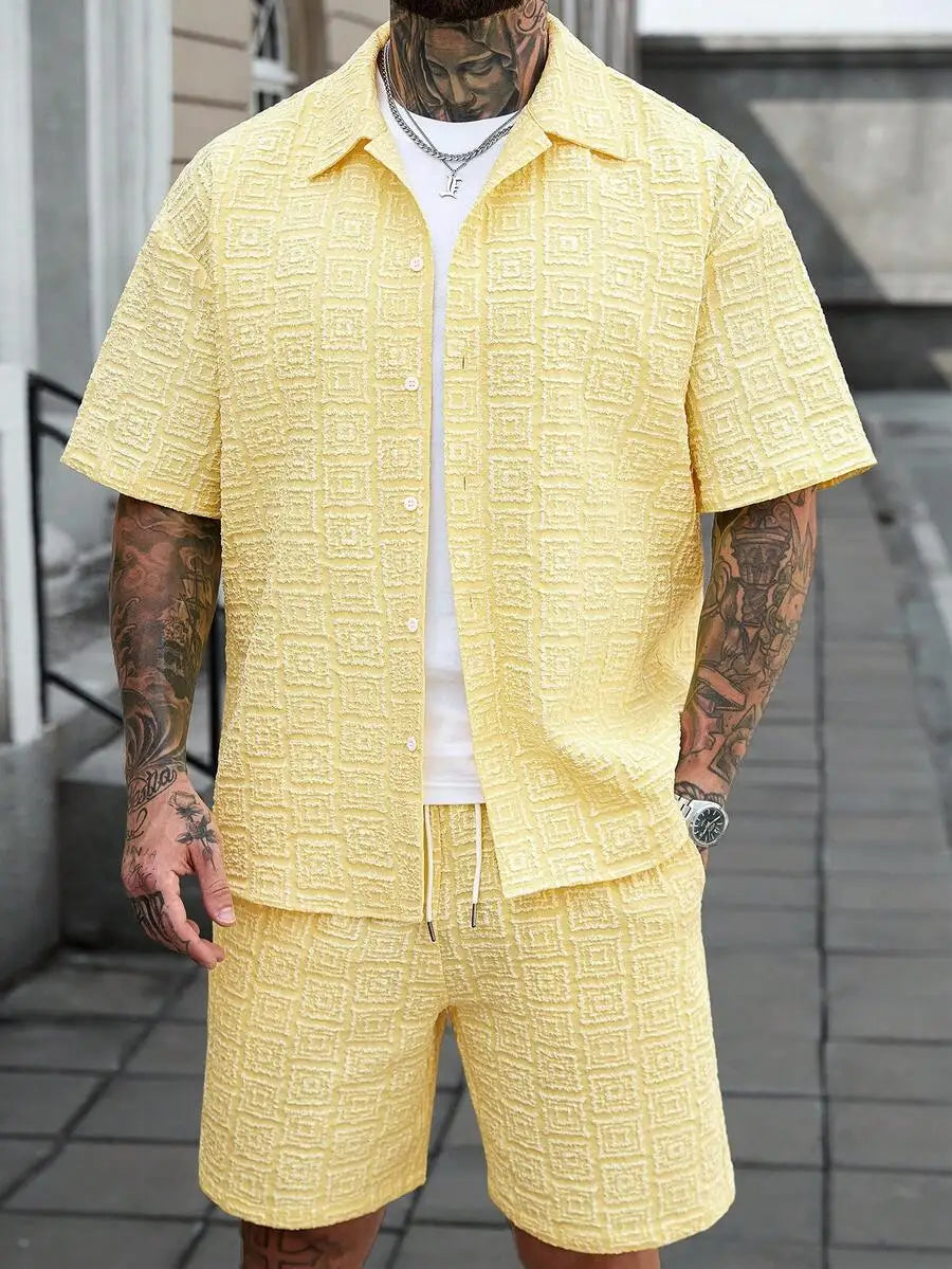 Manfinity CasualCool Men's Yellow Summer Casual Vacation Holiday Outfit,Textured Geometric Pattern Short Sleeve Button Up Shirt