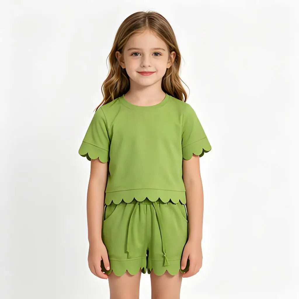 Cotton Baby Girls Sets With Scallop Shorts And Top