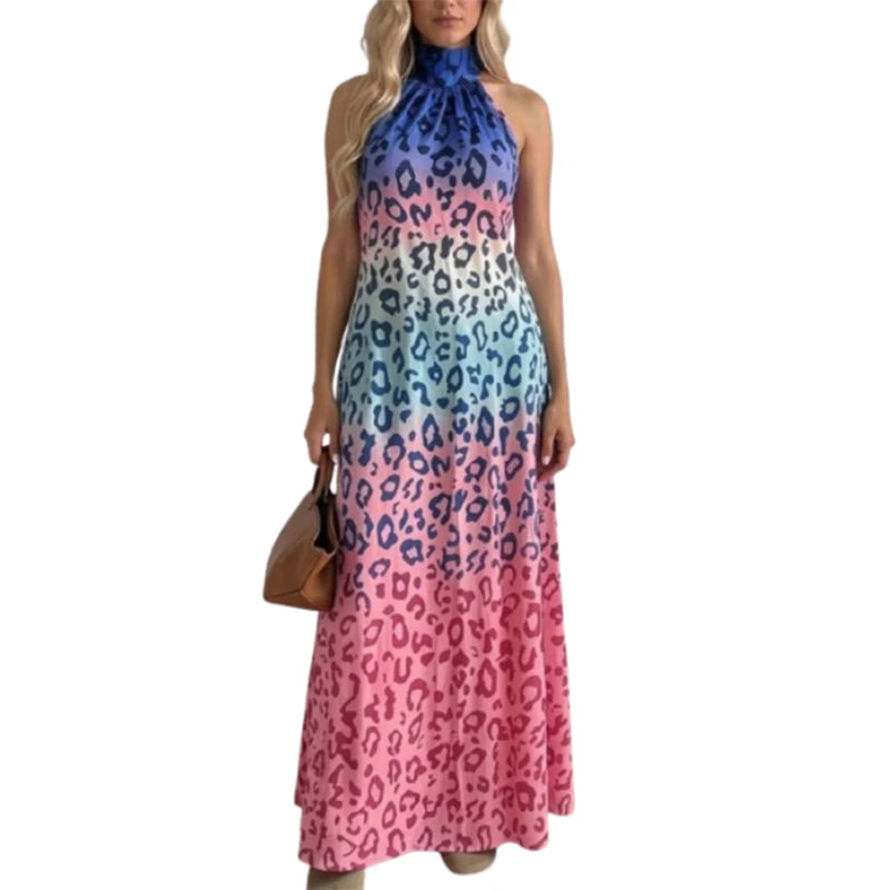 Women Halter Neck Maxi Dresses 2026 New Summer Fashion Gradient Color Leopard Printed Sleeveless Loose Casual Vacation Beach Long Sundress