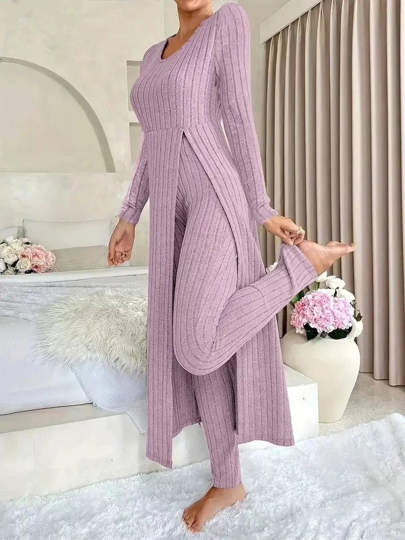 2026 New Fall/Winter Design Round-neck Slit Long-Sleeved Thick Striped Long-Sleeved Two-Piece Set (Extra Large Long-Sleeved Casual Wear)