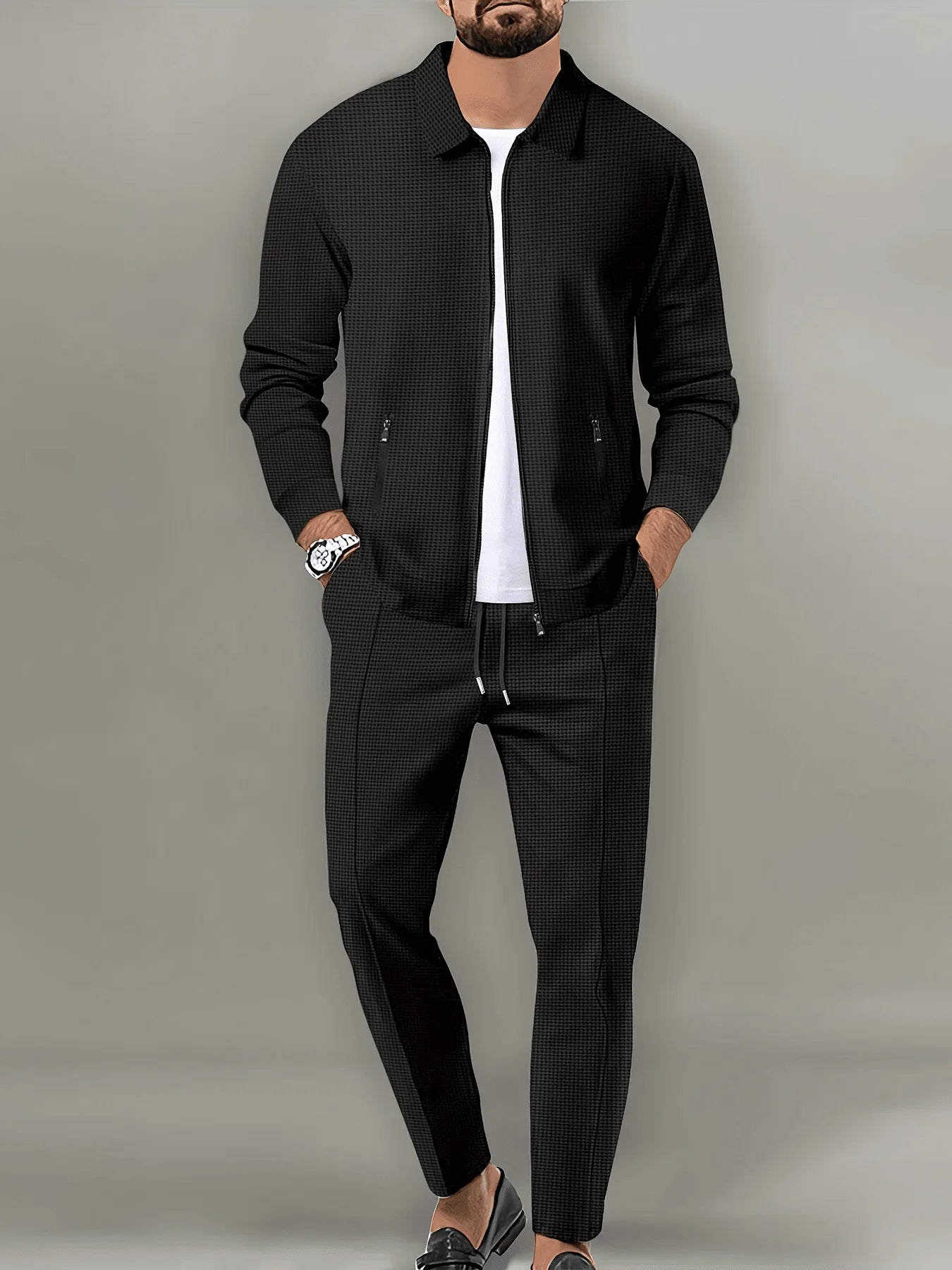Mens Spring Autumn Casual Jacquard Zip-Up Jacket And Trousers Set