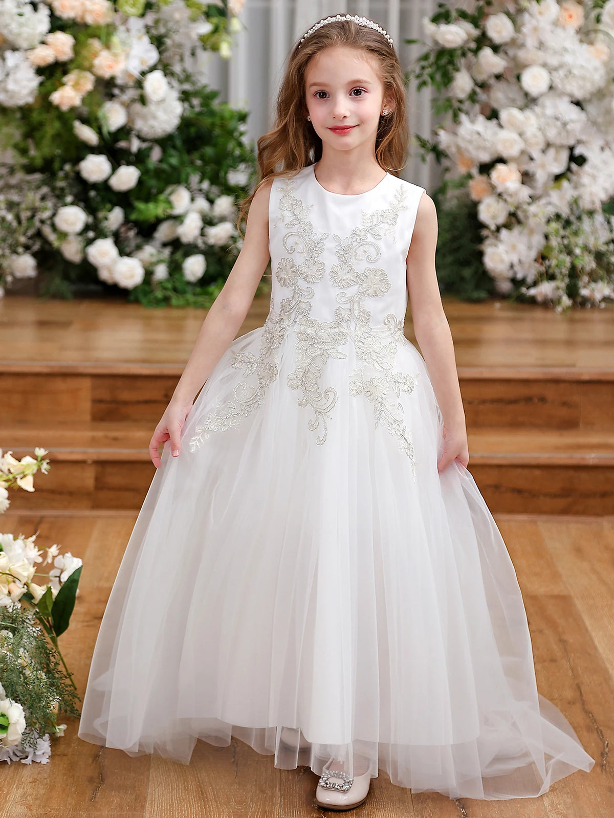 Girls White Sleeveless Silver Floral Lace Appliqué Keyhole Back Tulle Flower Girl Dress For Wedding Party