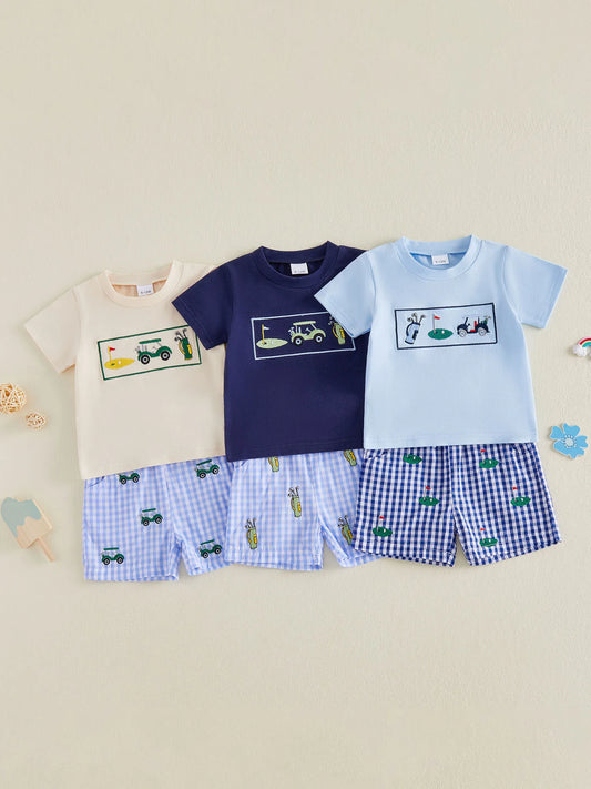 Girls Embroidered Animal Short Sleeve T-Shirts And Plaid Shorts 2Pcs