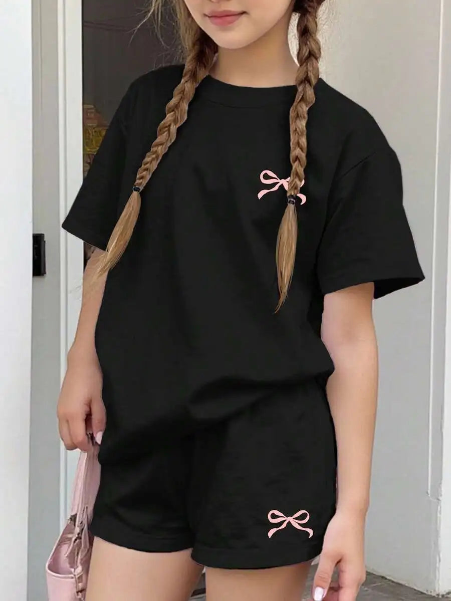 Cherry Bow Print Short Sleeve Tee And Plaid Shorts Set