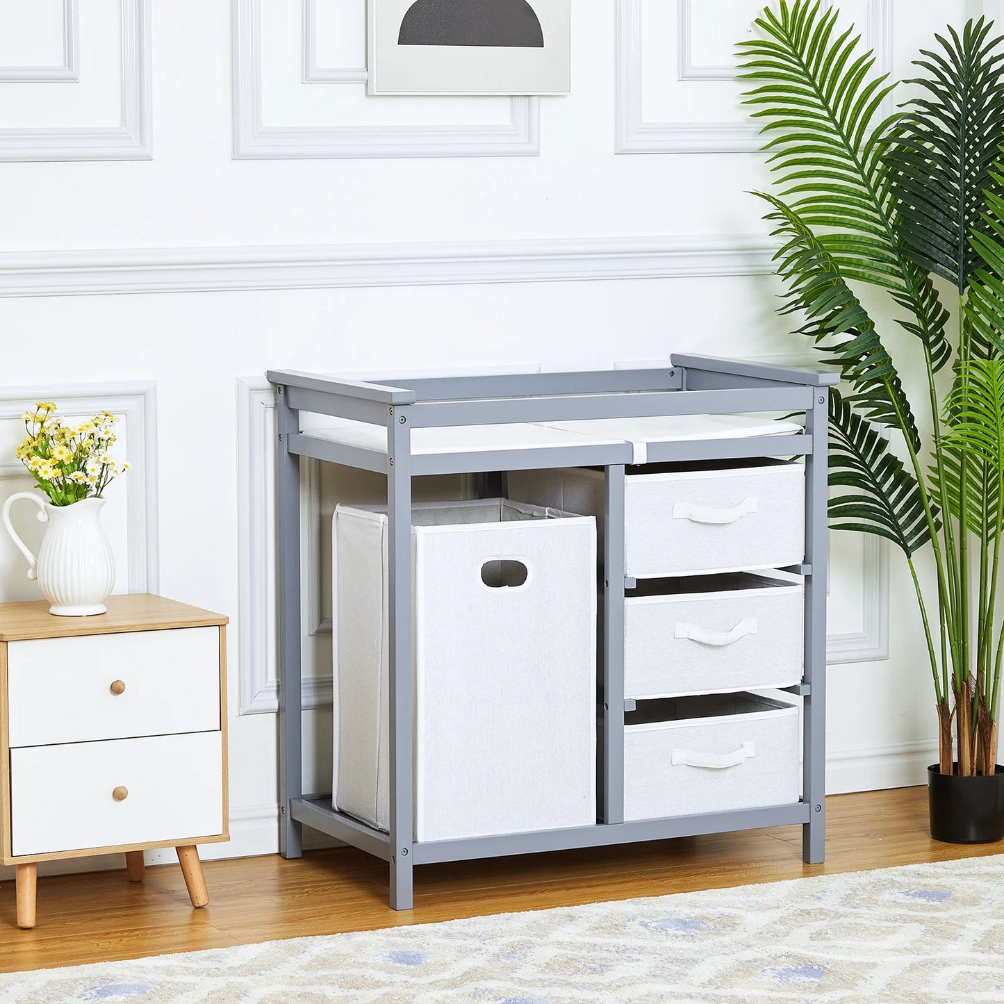Wooden Baby Changing Table Dresser With Laundry Hamper 3 Drawer