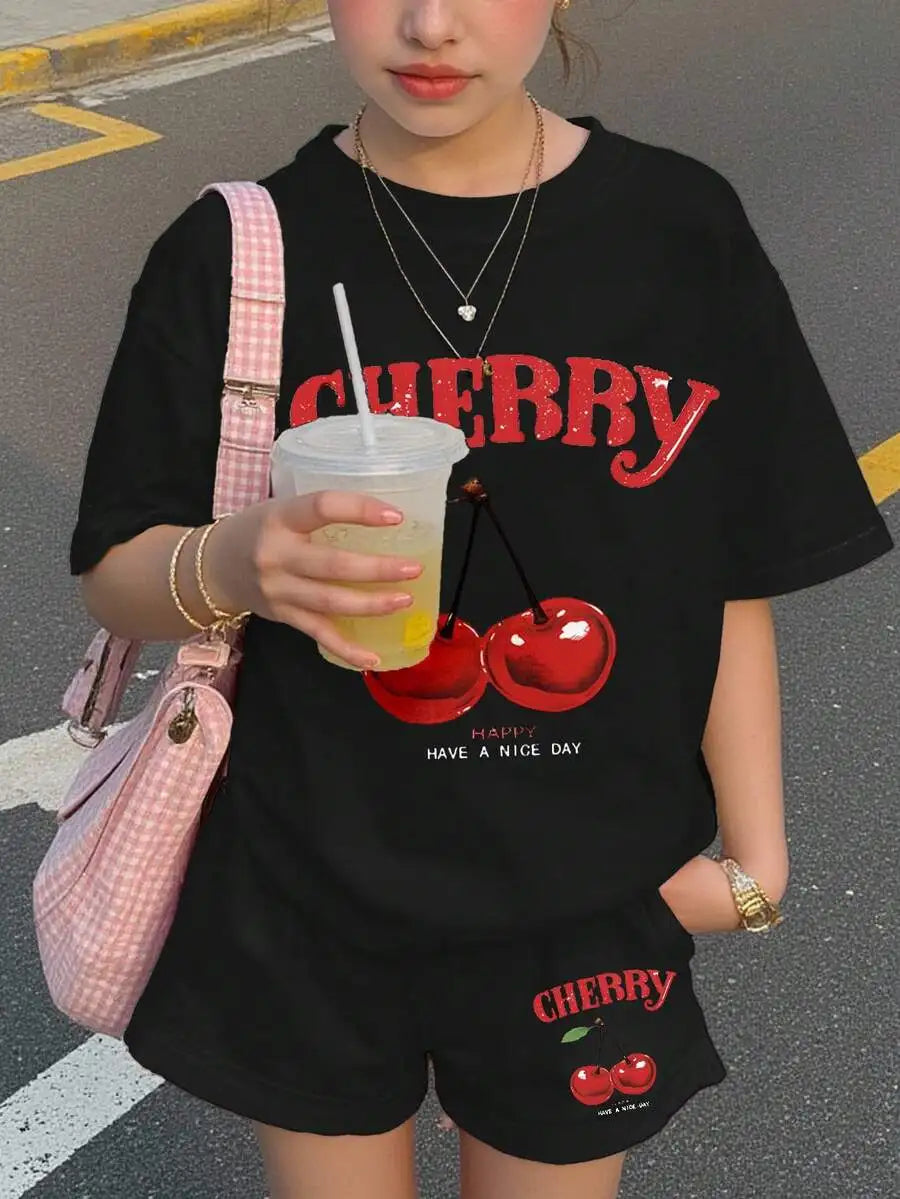 Cherry Bow Print Short Sleeve Tee And Plaid Shorts Set