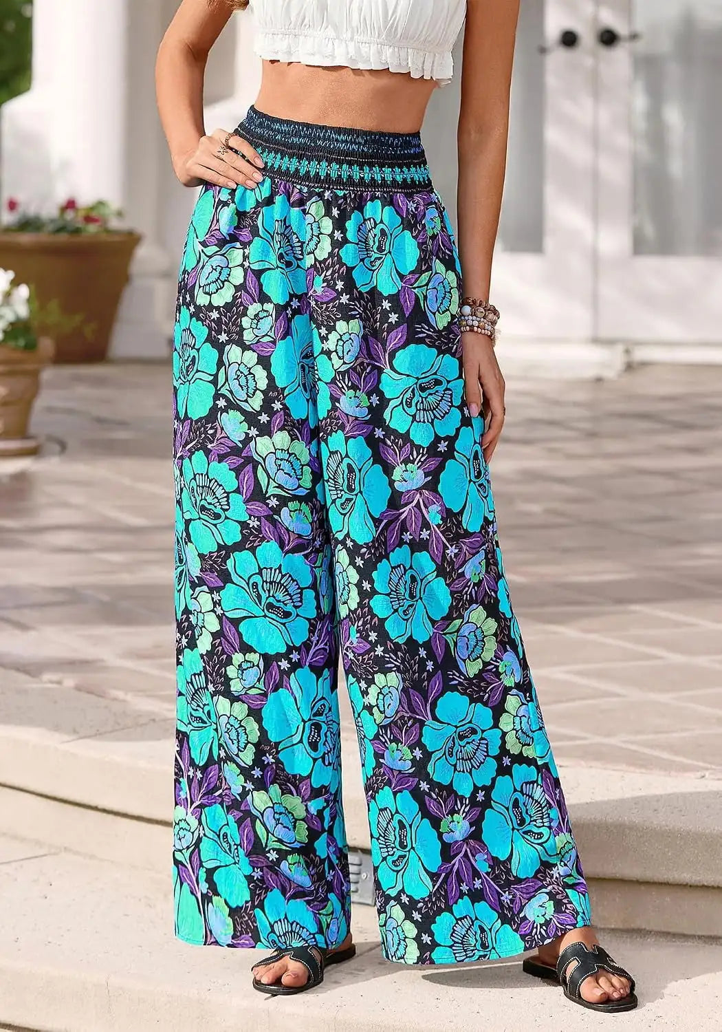 Wide leg pants 2026 summer smoked waist flower pants, pretending to be spring beach vacation women's clothing