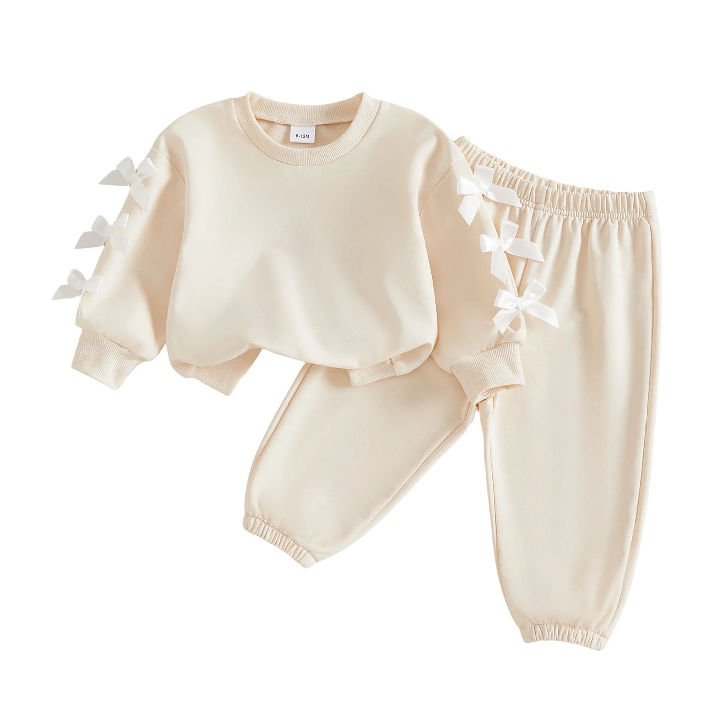Girls Bow Accent Fall Outfit Set With Crew Neck Pullover