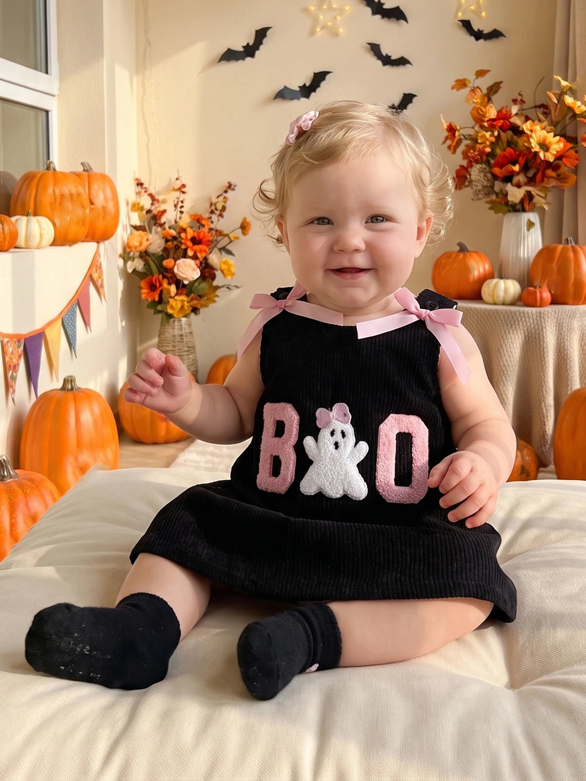 Bow Embroidered Corduroy Dress For Toddler Girl Halloween