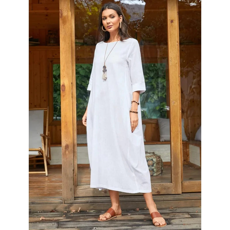 Autumn Solid Cotton Caftan Dress Loose Fit Women Casual