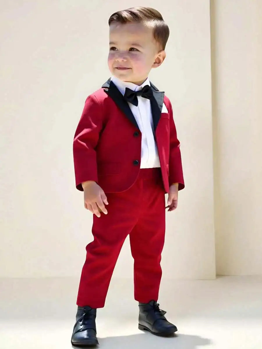 Toddler Formal Suit Set Shawl Lapel Jacket Bow Tie Elastic Waist Pants