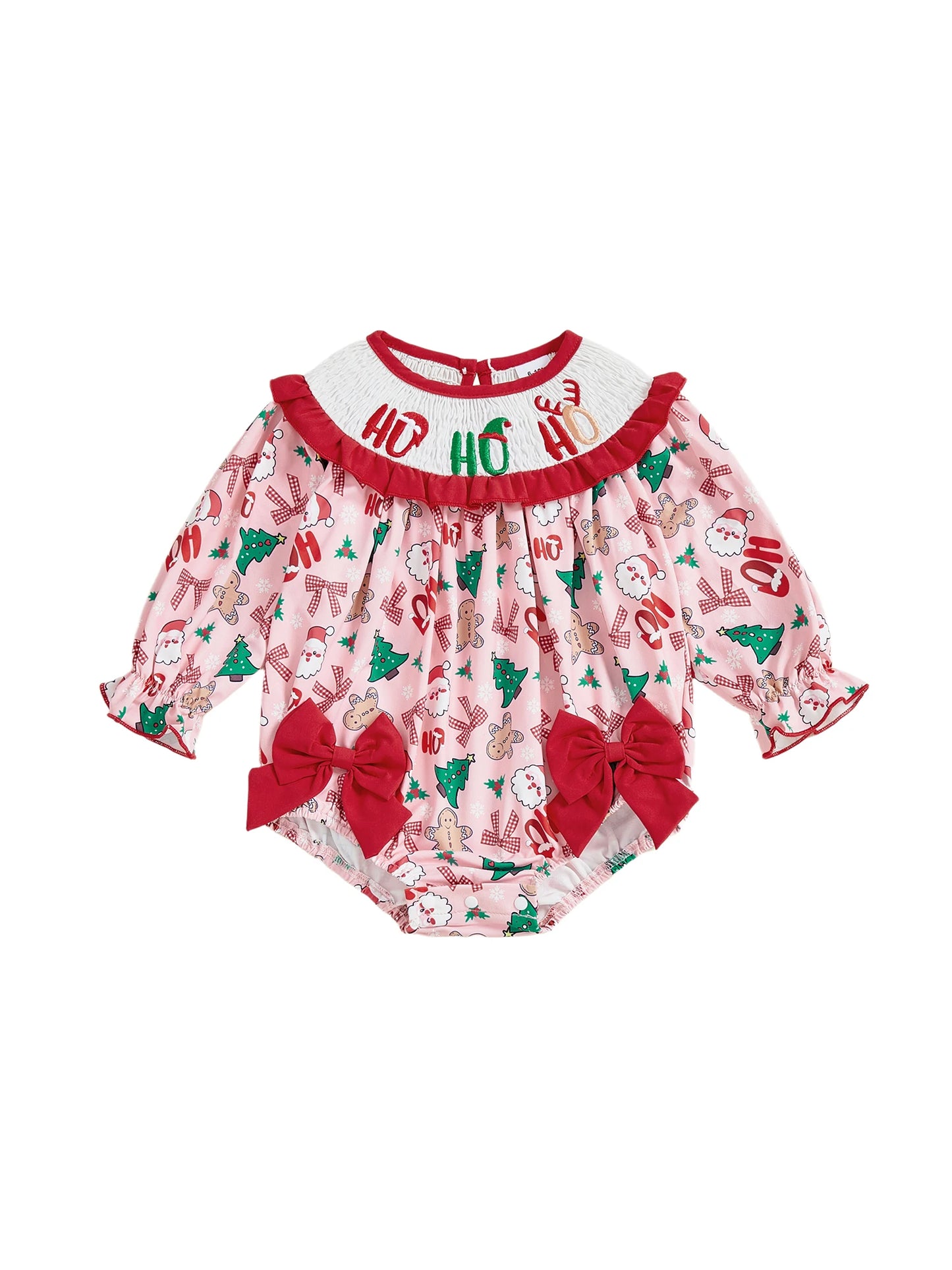 Baby Girl Bubble Romper With Christmas Tree Embroidery Long Sleeve