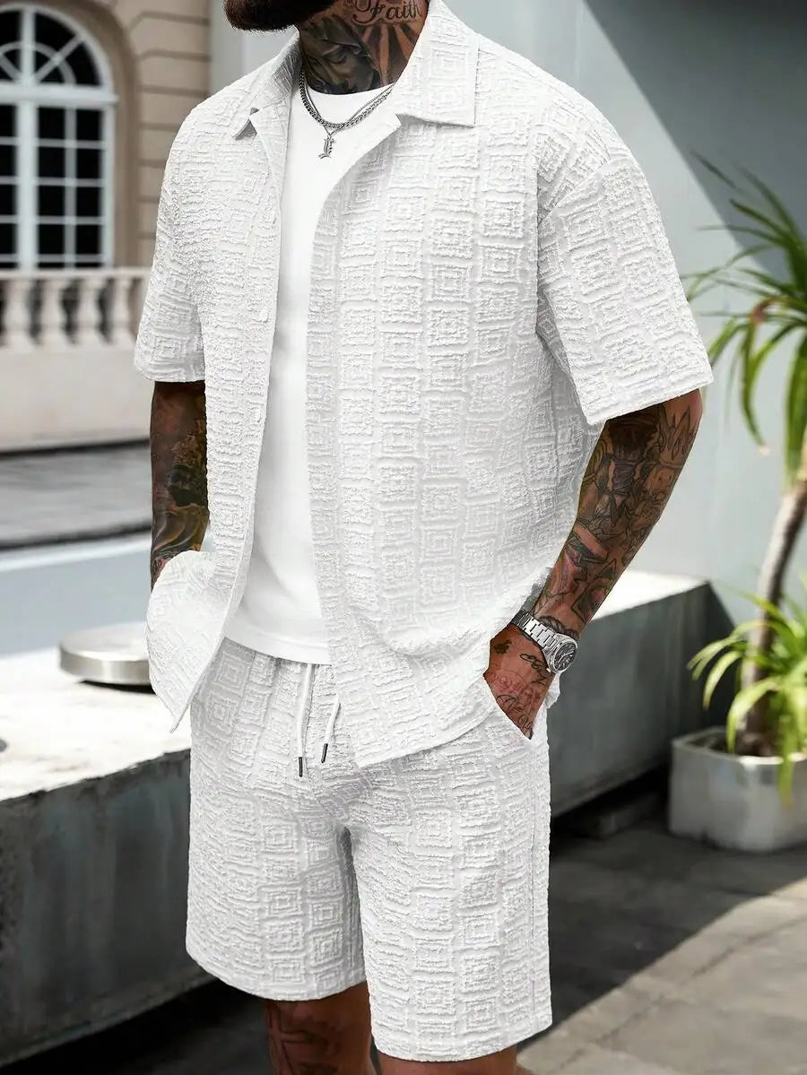 Manfinity CasualCool Men's Yellow Summer Casual Vacation Holiday Outfit,Textured Geometric Pattern Short Sleeve Button Up Shirt