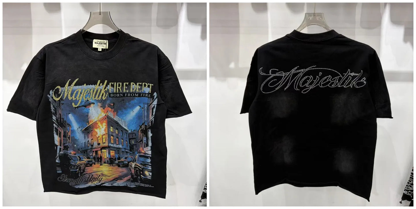 Cotton T Shirt With Letter Rhinestone Print Breathable Hip Hop