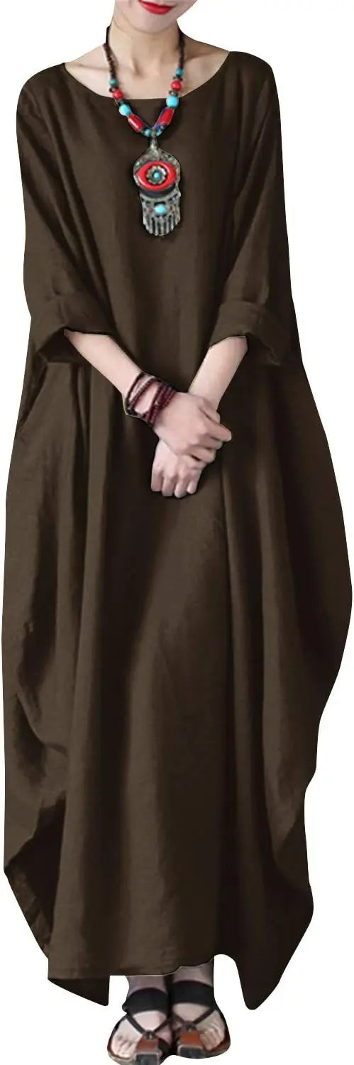 Autumn Solid Cotton Caftan Dress Loose Fit Women Casual
