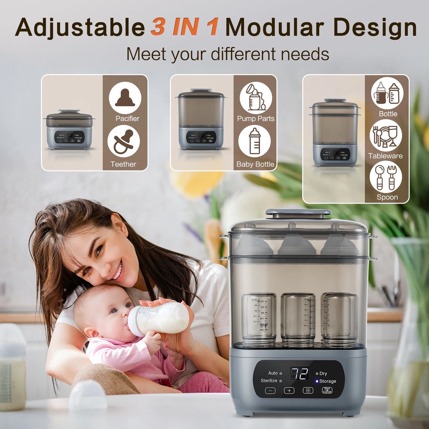 4 In 1 Baby Bottle Sterilizer And Dryer 72H Storage