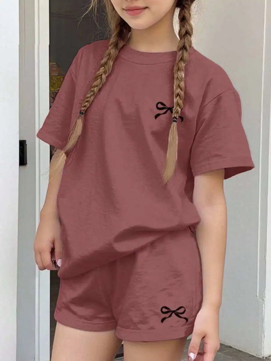 Cherry Bow Print Short Sleeve Tee And Plaid Shorts Set