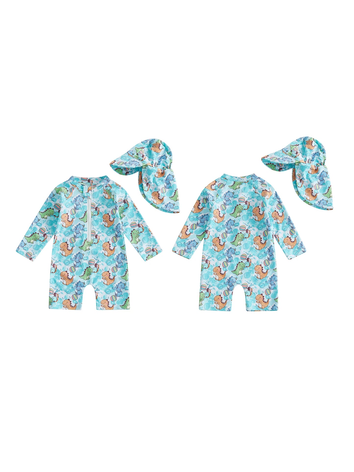 Cute Baby Rash Guard Swimsuit With Sun Hat Dinosaur Print