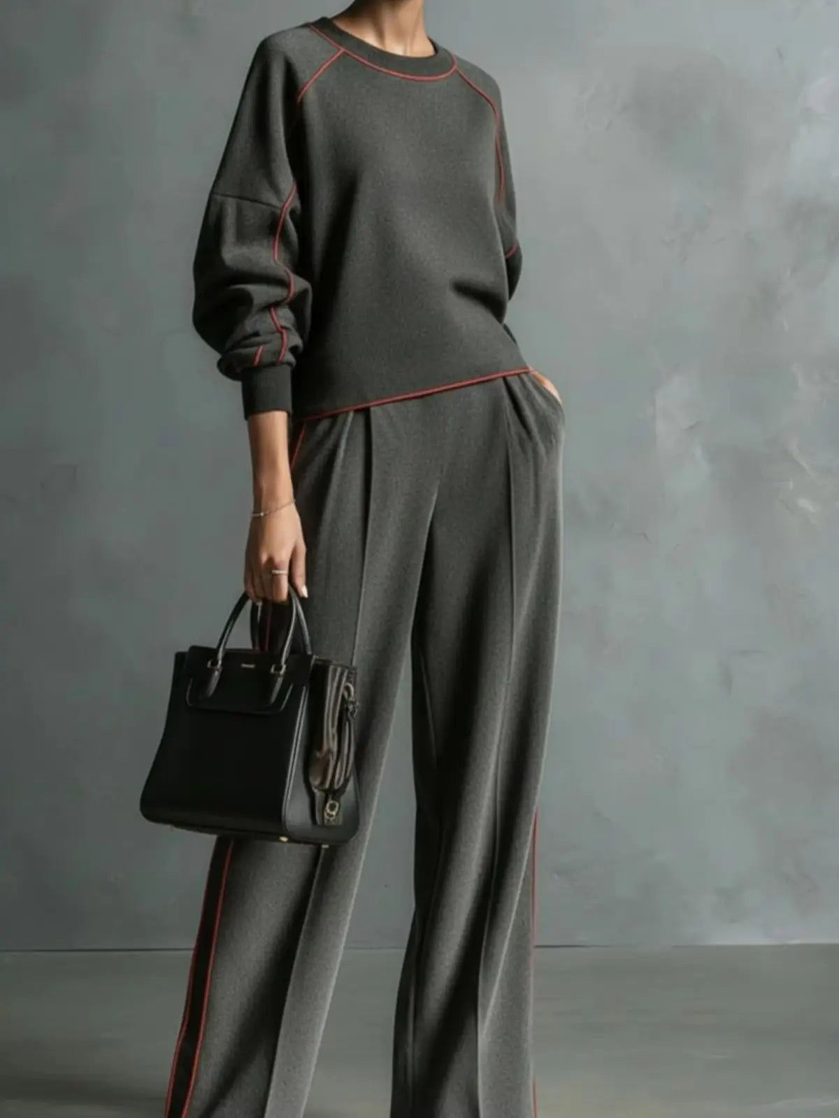Women Two Piece Outfit Round Neck Long Sleeve Loose Top High Waist Wide Leg Pants Contrast Stripe Relaxed Fit Daily Streetwear Casual Suit For Female