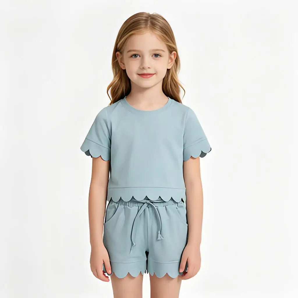 Cotton Baby Girls Sets With Scallop Shorts And Top