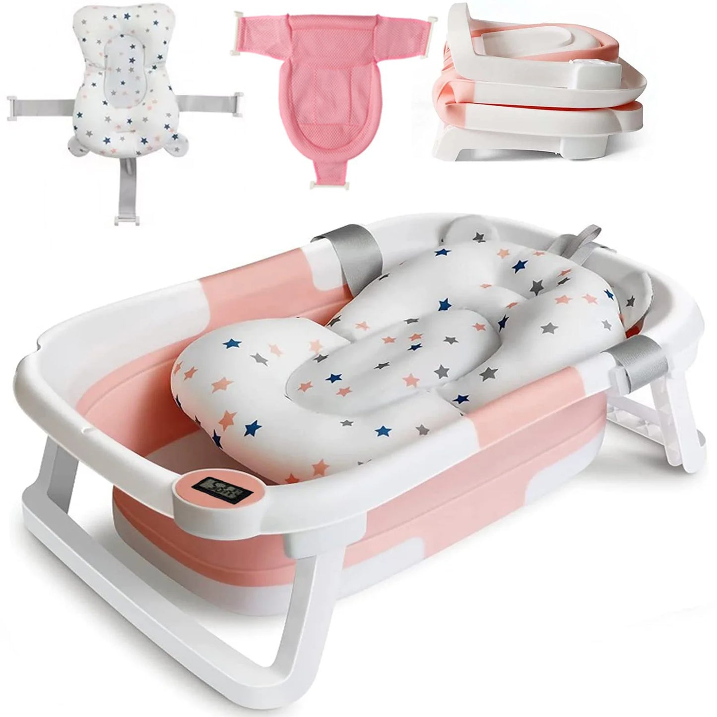 Baby Bath Tub With Cushion Foldable Design And Thermometer
